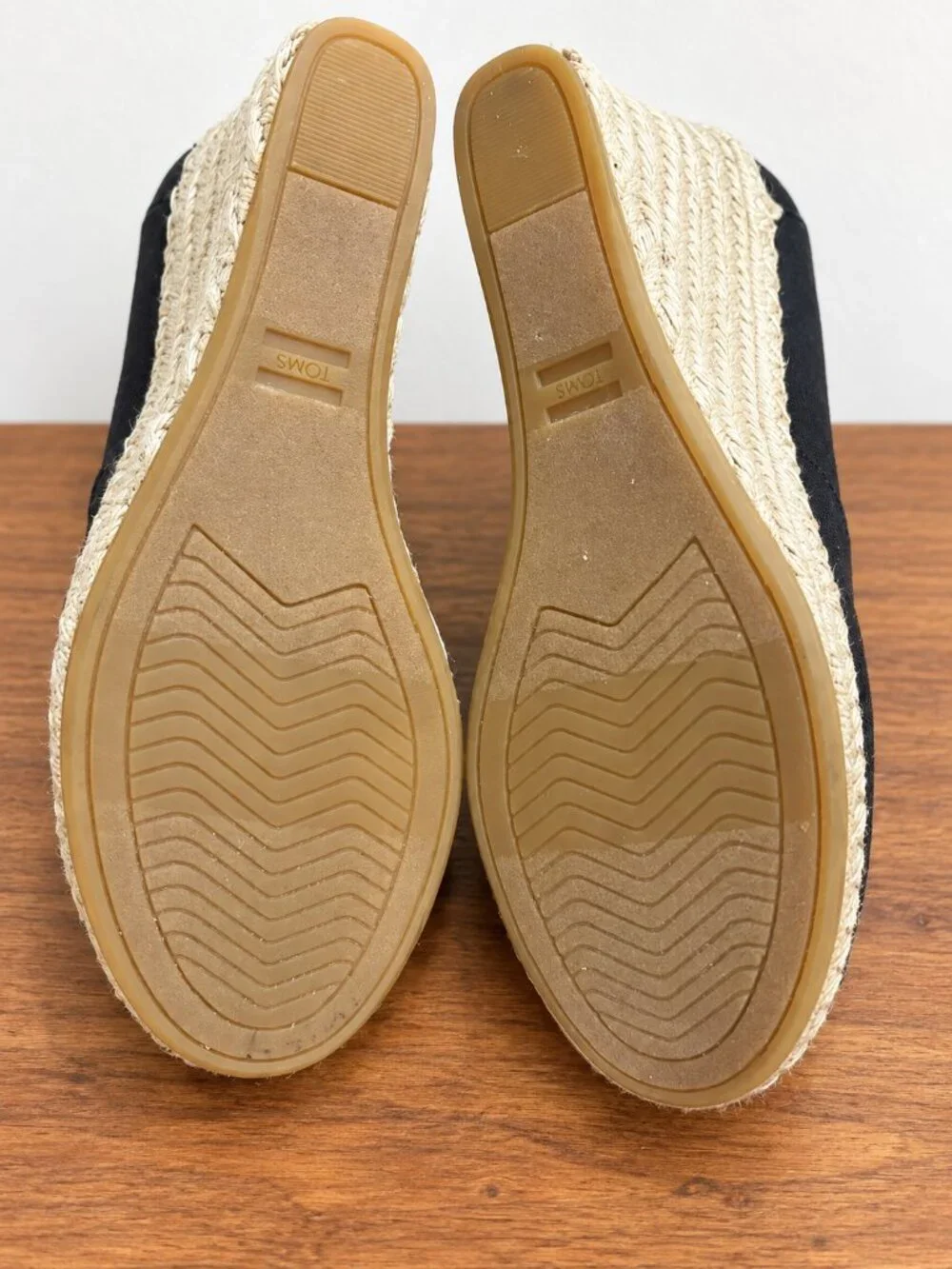 TOMS Michelle Black Canvas Peep-Toe Espadrille Wedges Size 7.5
